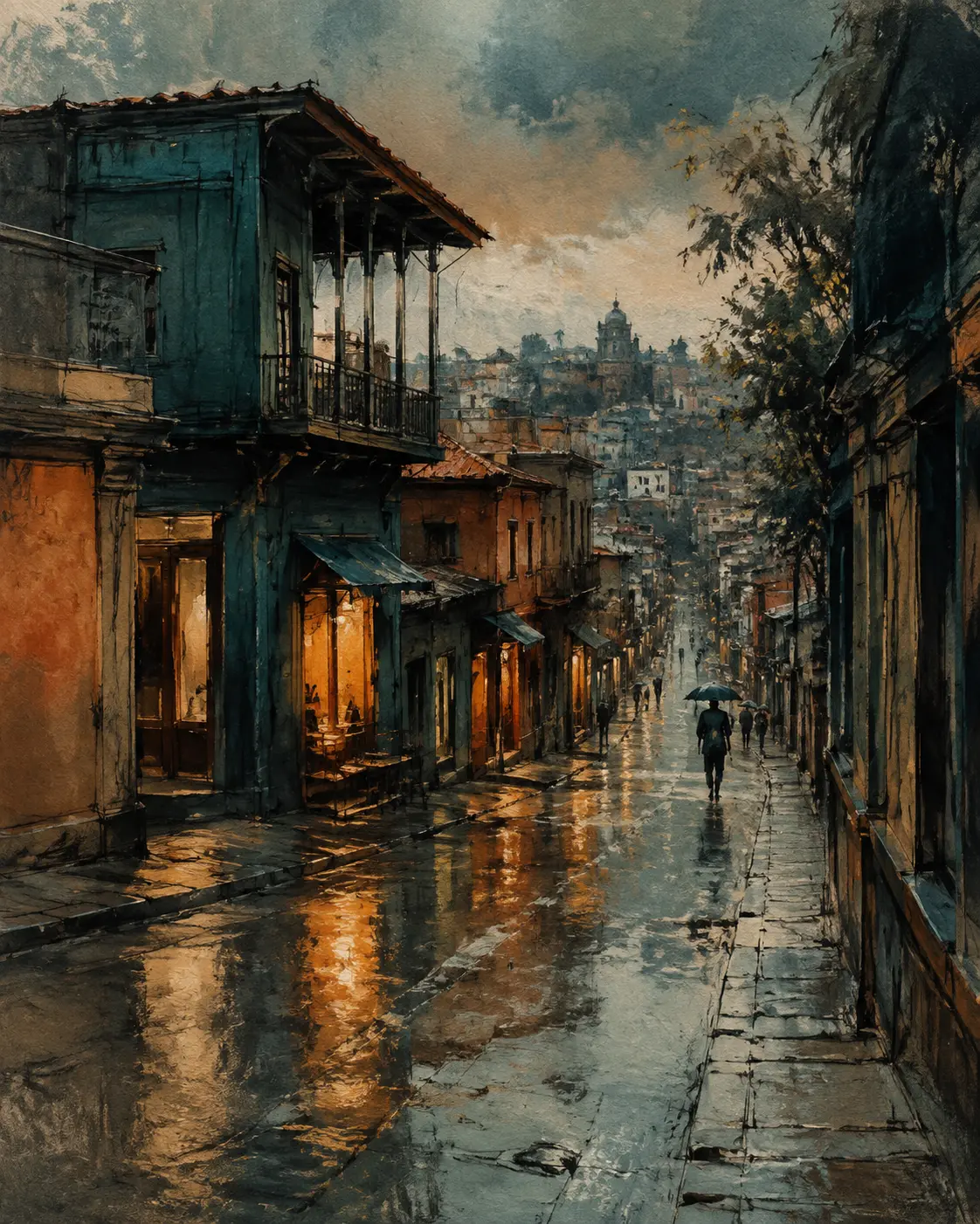 Painterly city street glowing after rain