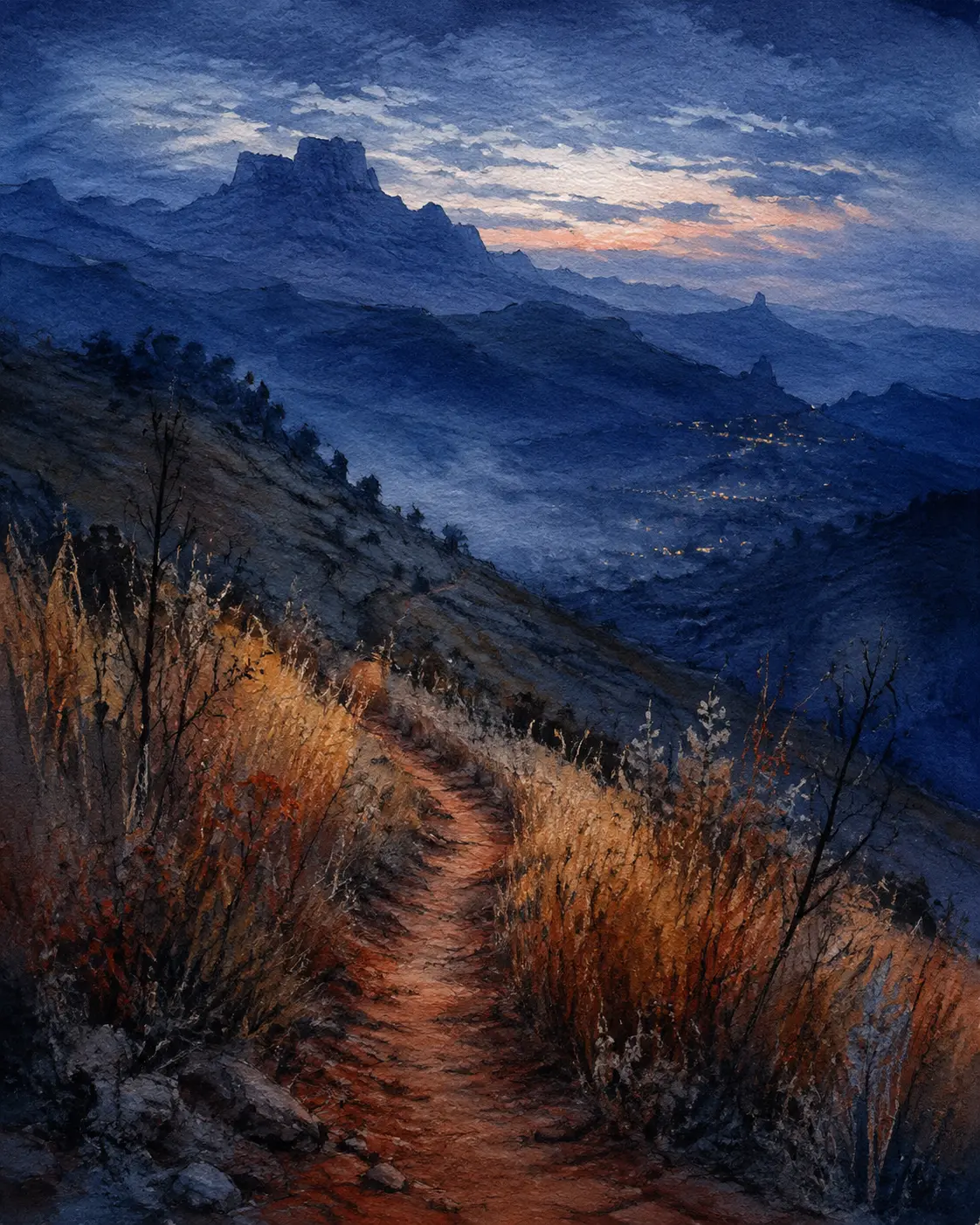 Layered blue highland landscape at twilight