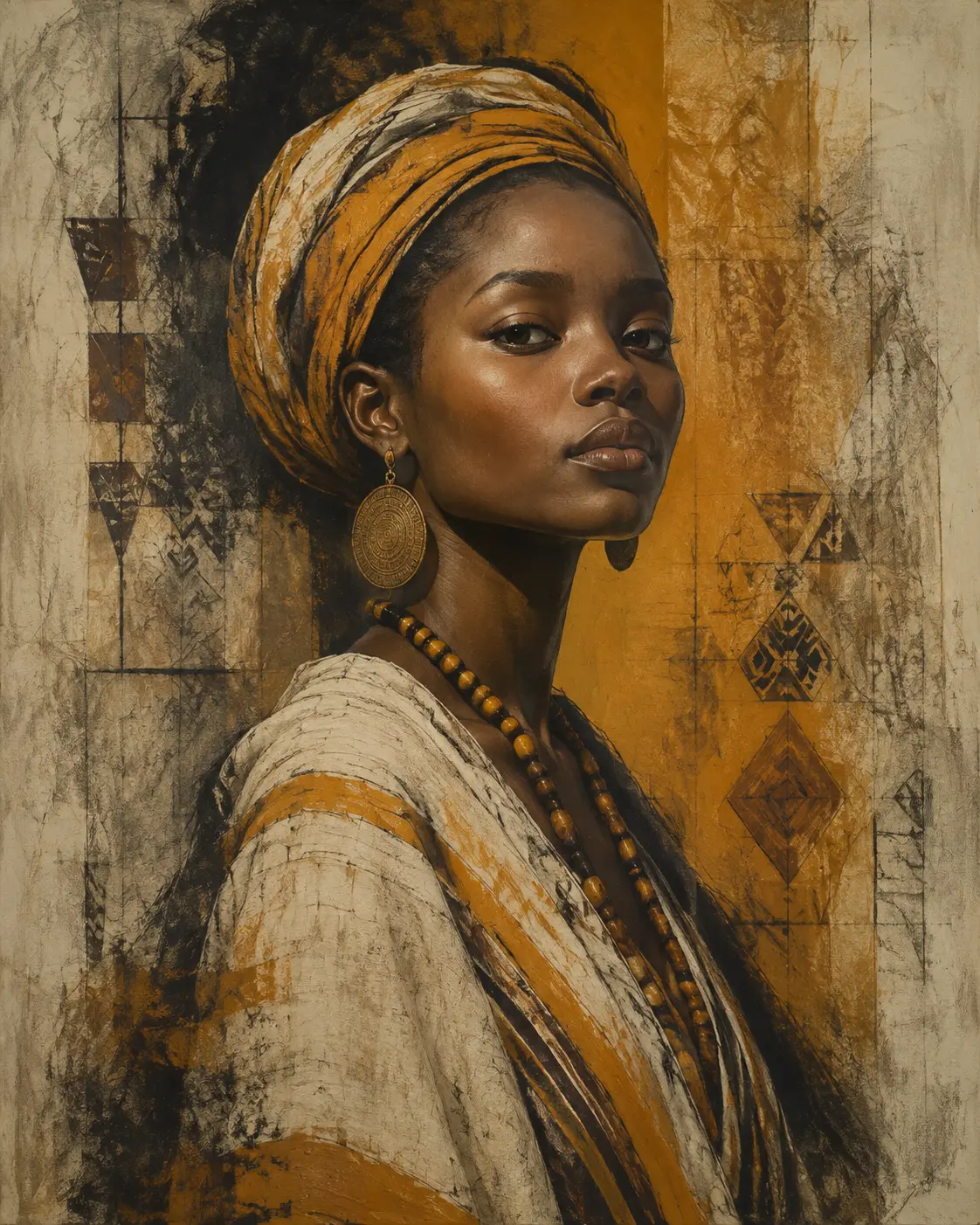 Expressive portrait in charcoal, ochre and cream