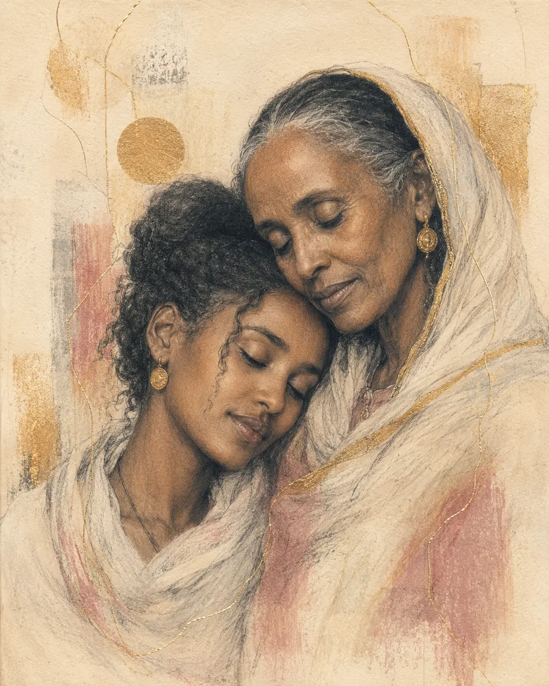 Tender graphite portrait with luminous gold accents