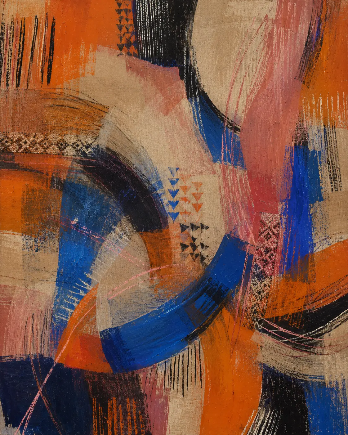 Abstract painting with cobalt, orange and rose gestures